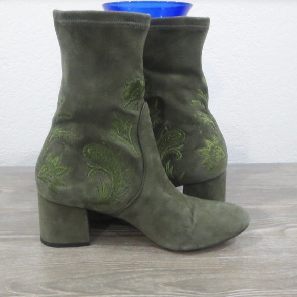 Rachel Zoe Olive Army Green Suede Embroidered Boots Block Heel 7 Boho Paisley - Picture 5 of 16